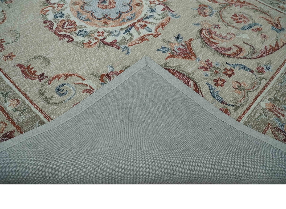 Beige, Brown and Blue Hand Tufted floral Aubusson design 8x10 wool Area Rug