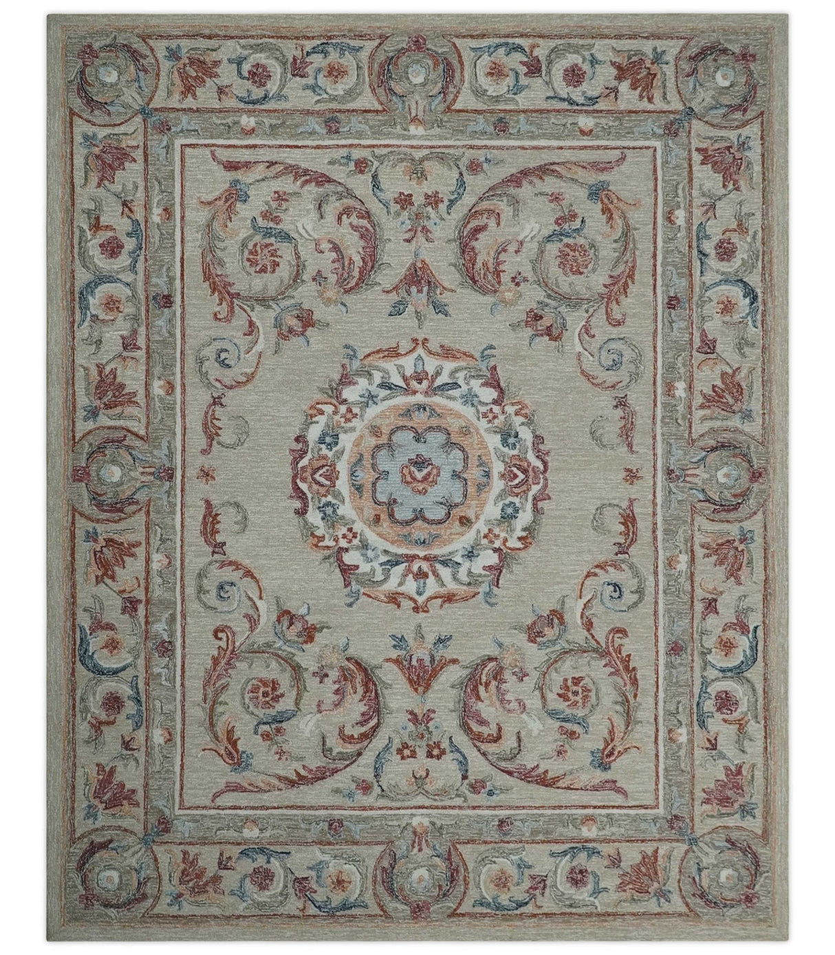 Beige, Brown and Blue Hand Tufted floral Aubusson design 8x10 wool Area Rug