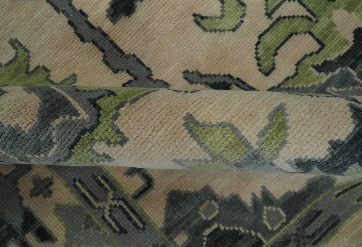 Beige, Charcoal and Green Hand knotted Oushak Traditional Wool Area Rug