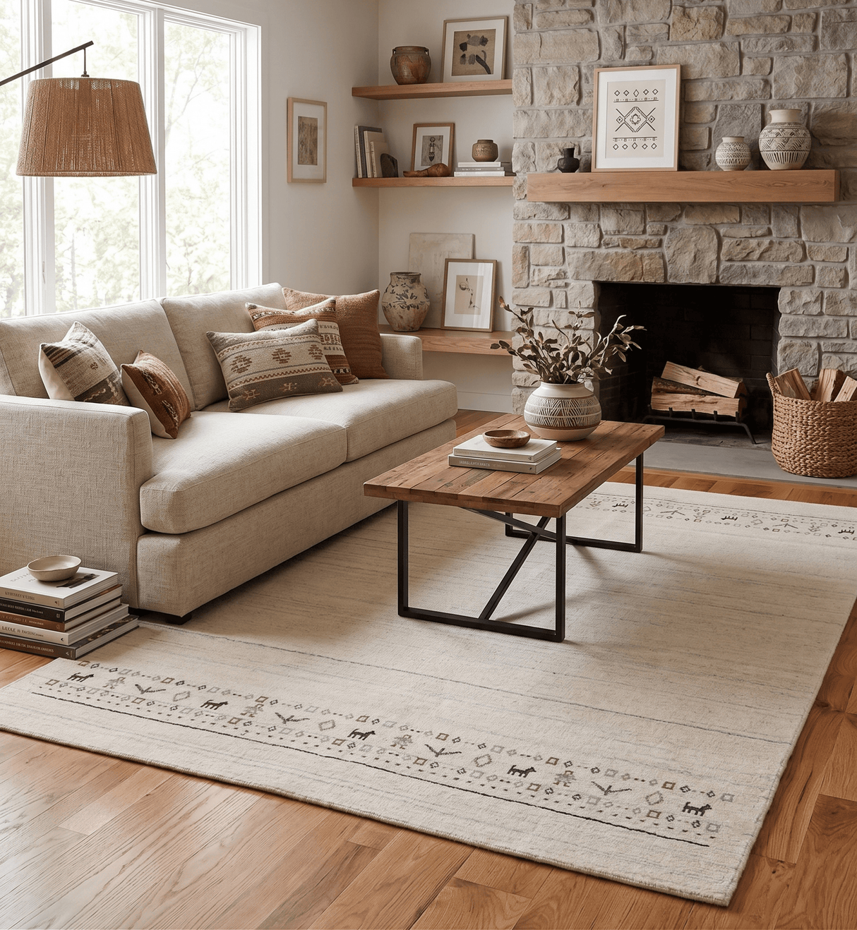 Beige Contemporary Pattern Hand Loomed Wool Area Rug