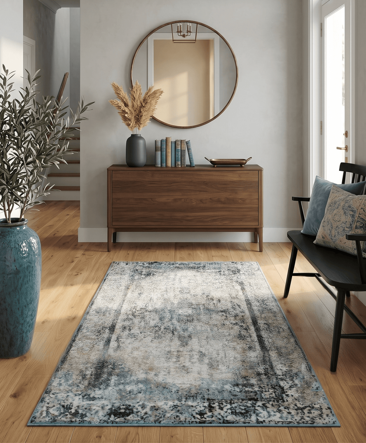 Beige, Olive and Gray and Black Antique Finish Vintage Art Silk Area Rug