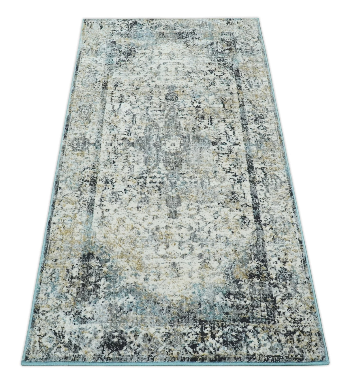 Beige, Olive and Gray and Black Antique Finish Vintage Art Silk Area Rug