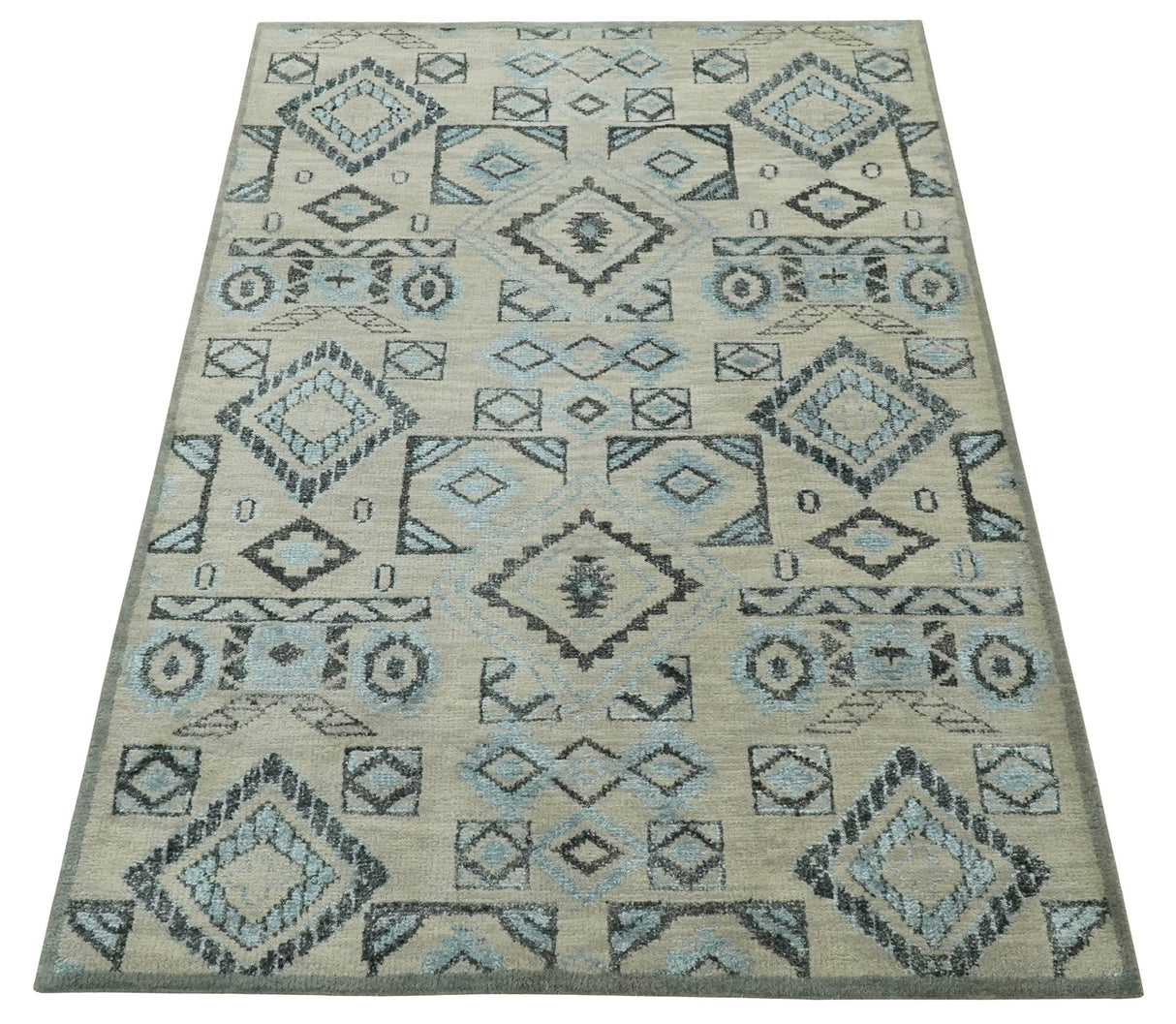 Beige, Silver and Charcoal Hand Knotted Traditional Mamluk design 5x8 wool Area Rug