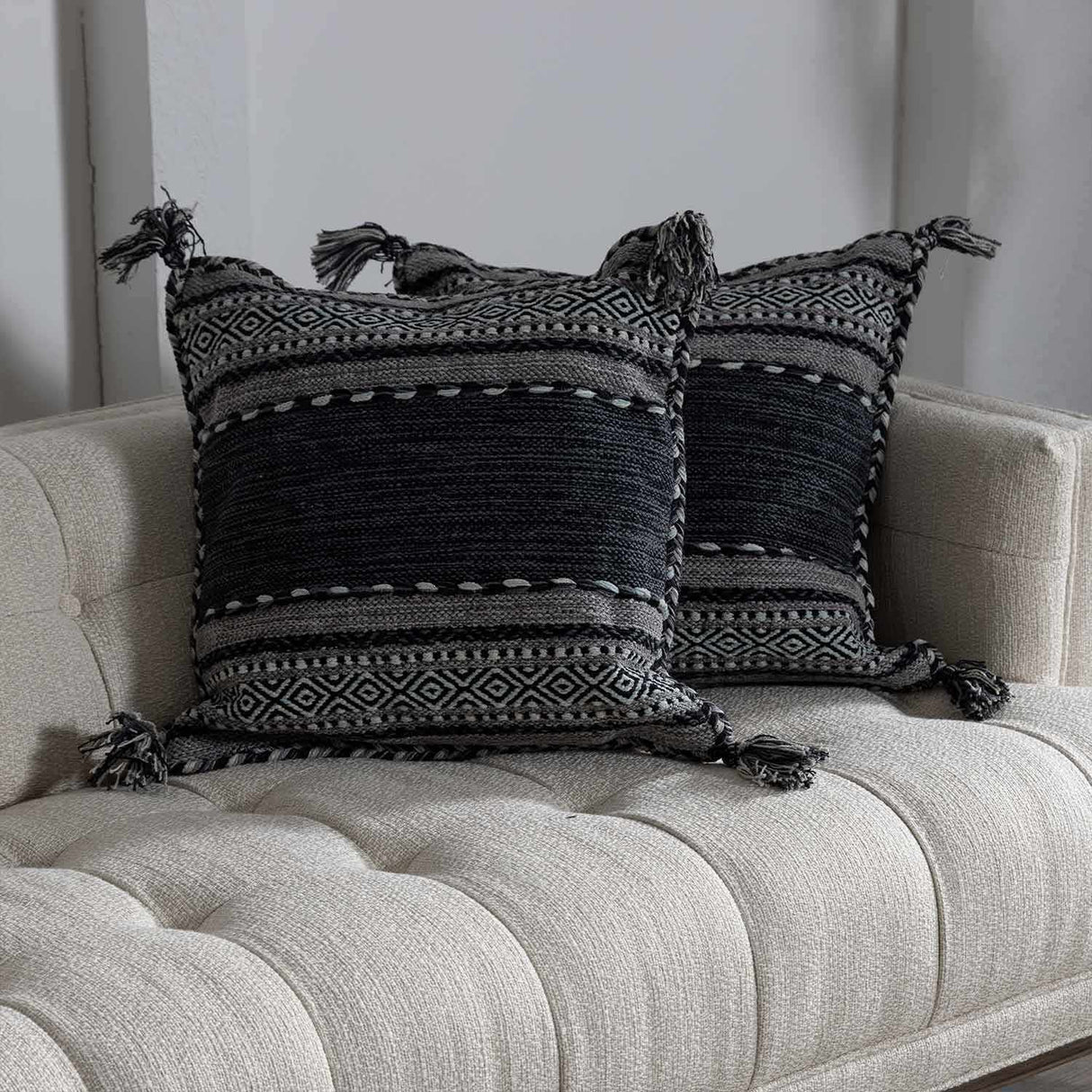 Bensalem Black Geometric Fringe Throw Pillow-Throw Pillows-Parc Decor