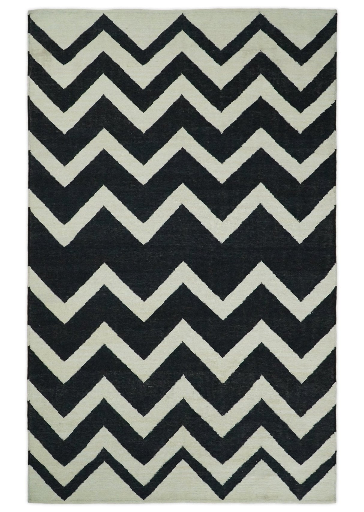 Black and Beige Chevron Design Hand Woven Dhurrie Rug