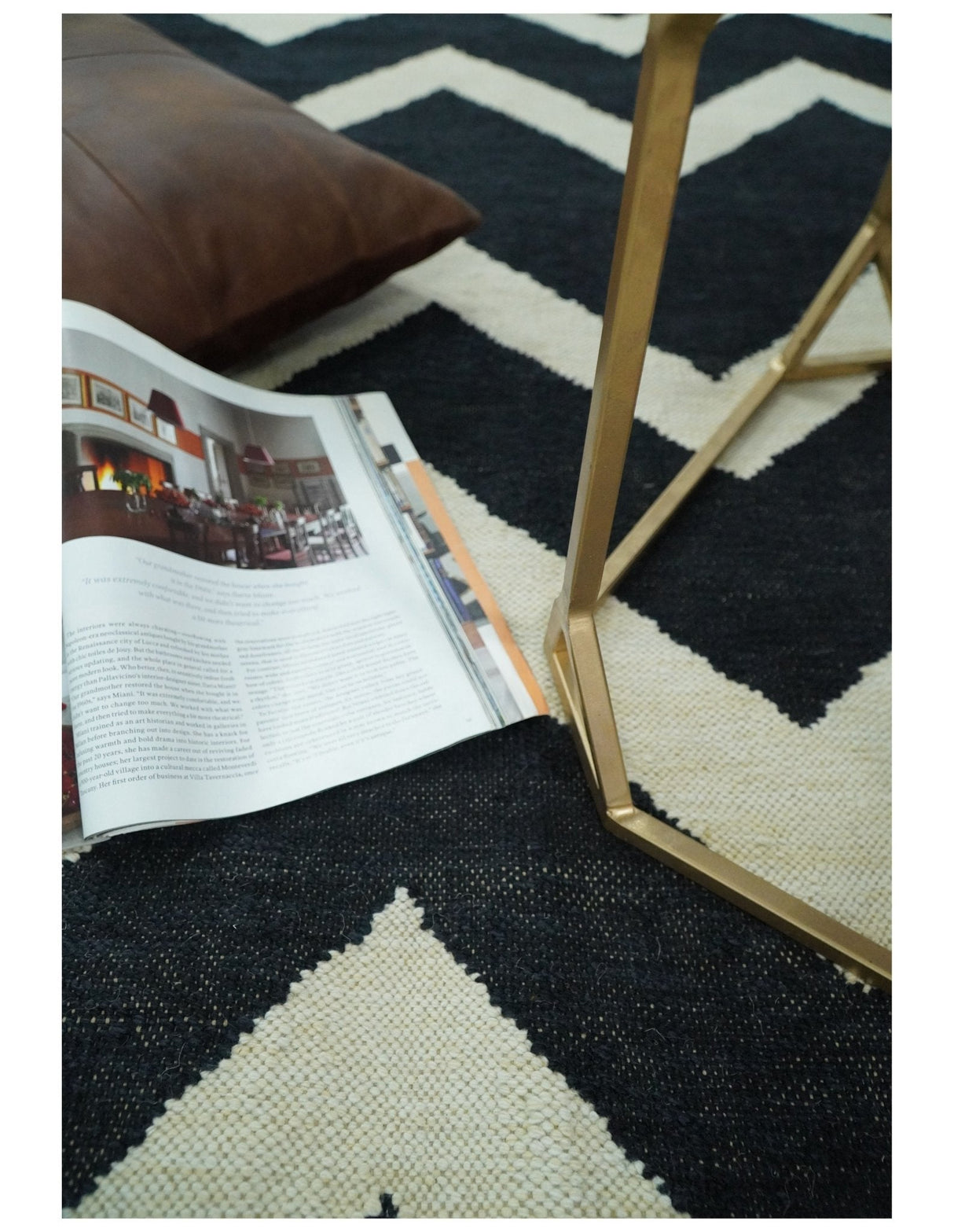 Black and Beige Chevron Design Hand Woven Dhurrie Rug