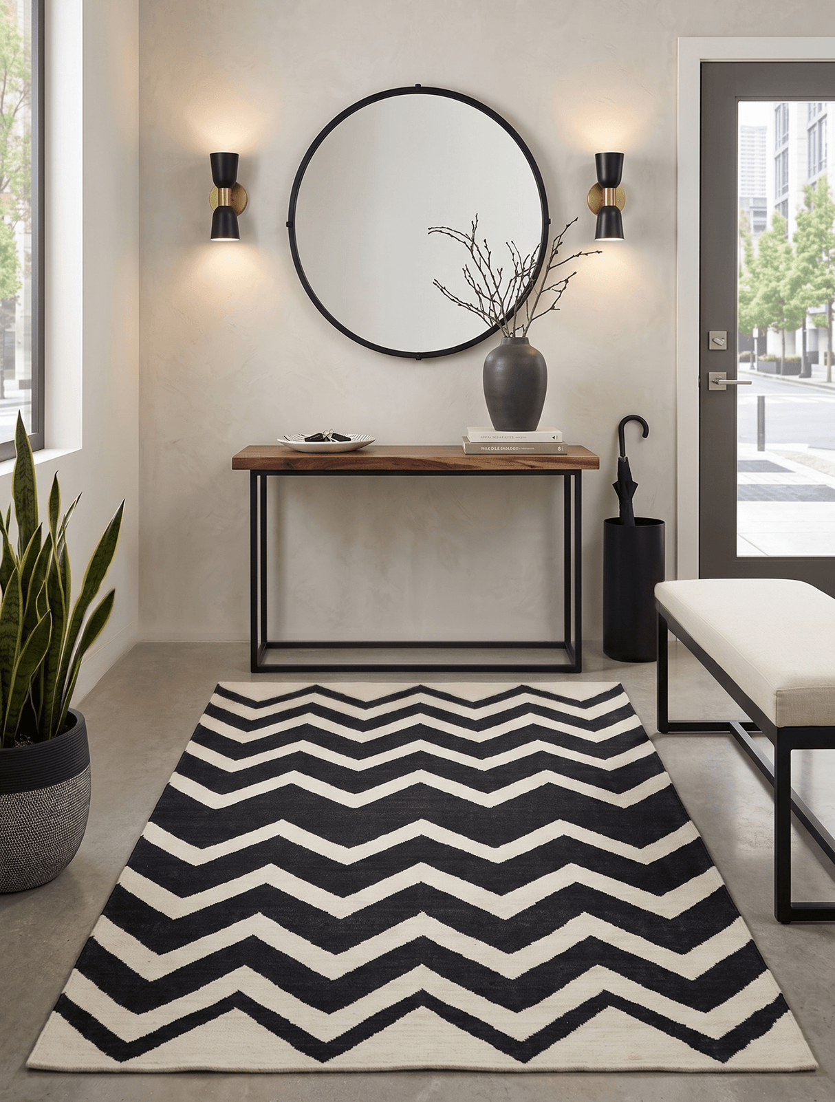 Black and Beige Chevron Design Hand Woven Dhurrie Rug