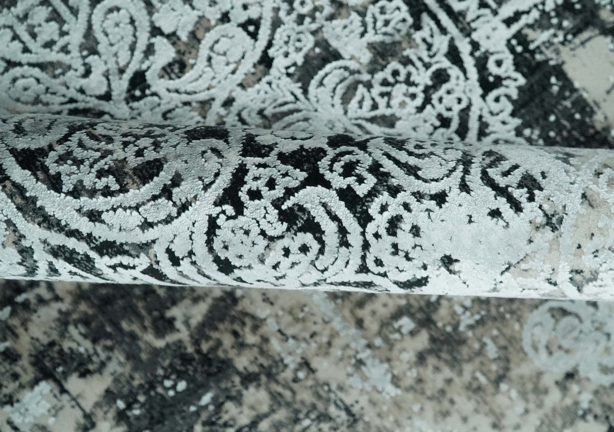 Black and Silver Vintage look Power loomed Art Silk Area Rug