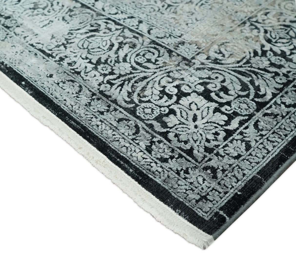 Black and Silver Vintage look Power loomed Art Silk Area Rug