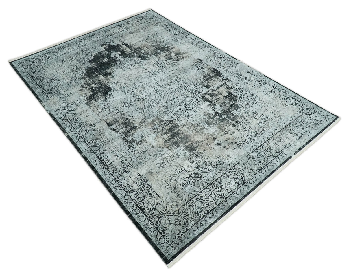 Black and Silver Vintage look Power loomed Art Silk Area Rug