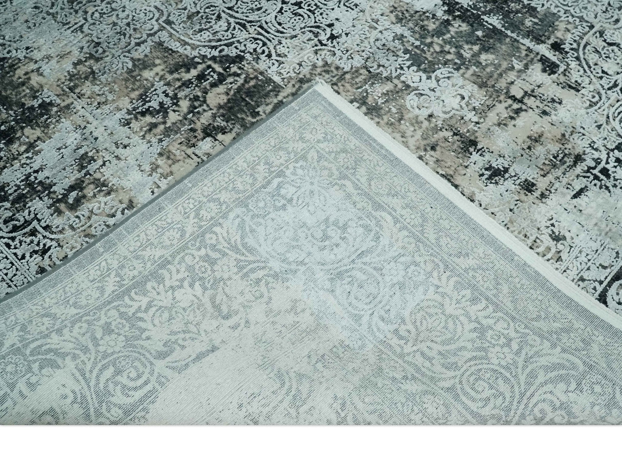 Black and Silver Vintage look Power loomed Art Silk Area Rug