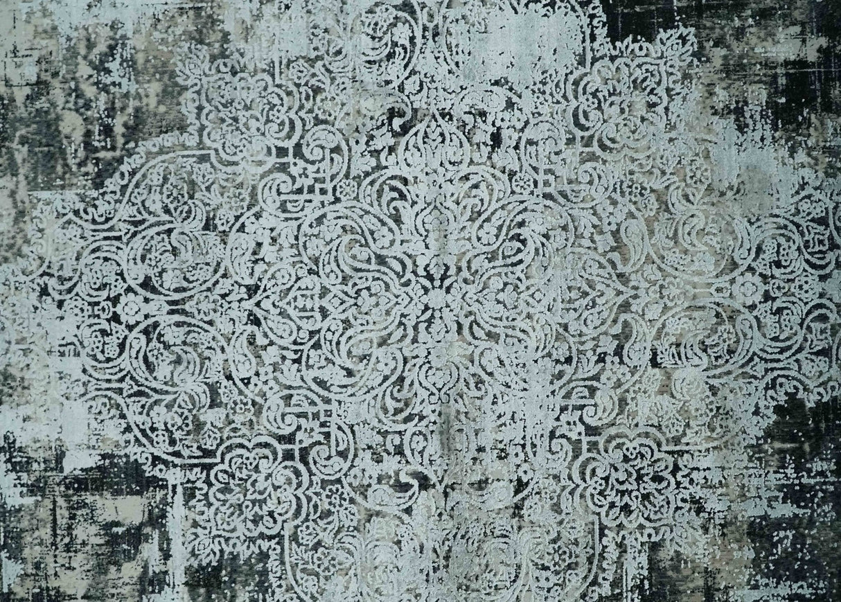 Black and Silver Vintage look Power loomed Art Silk Area Rug