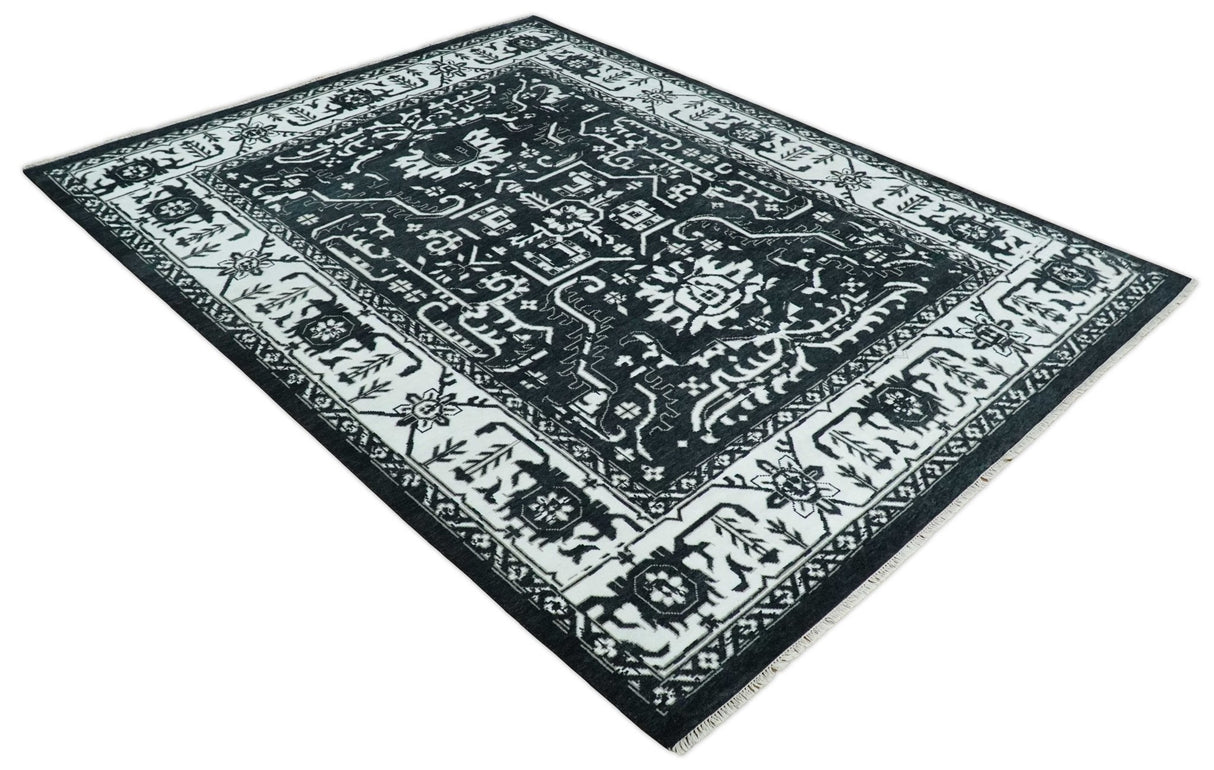 Black and White 6x9, 8x10 and 9x12 Hand Knotted Traditional Persian Oushak Wool and Viscose Rug, Accent Rug | TRDCP840-Area Rug-Parc Decor