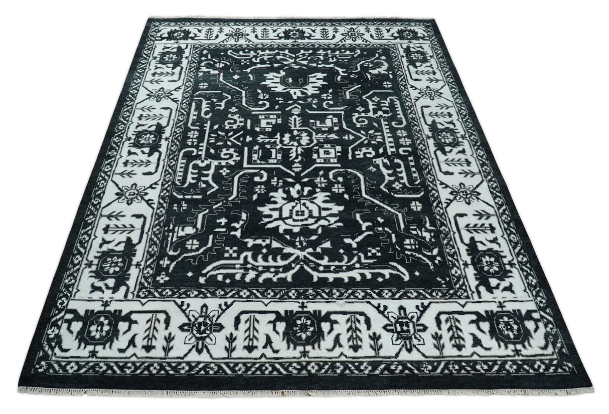 Black and White 6x9, 8x10 and 9x12 Hand Knotted Traditional Persian Oushak Wool and Viscose Rug, Accent Rug | TRDCP840-Area Rug-Parc Decor