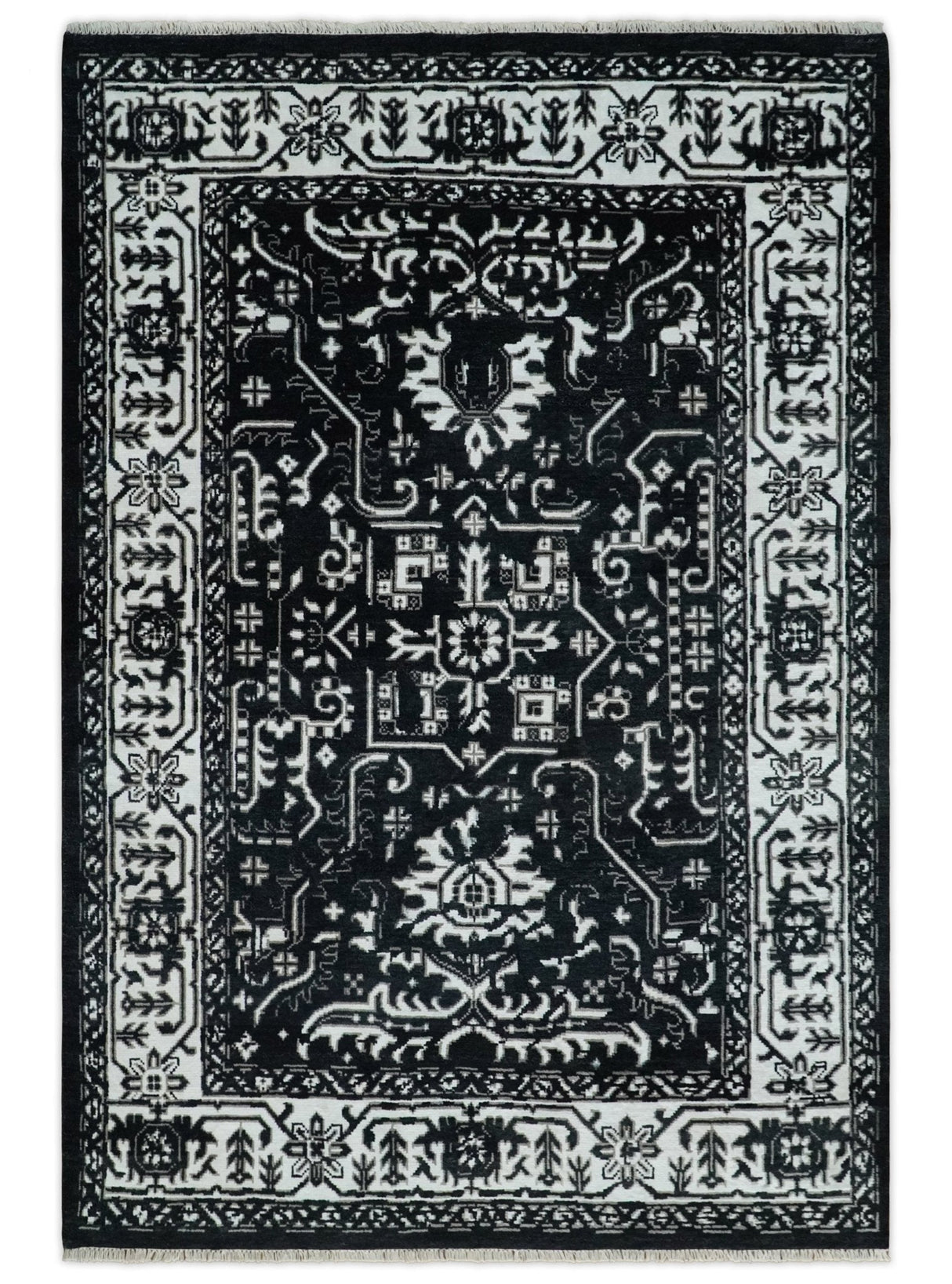 Black and White 6x9, 8x10 and 9x12 Hand Knotted Traditional Persian Oushak Wool and Viscose Rug, Accent Rug | TRDCP840-Area Rug-Parc Decor