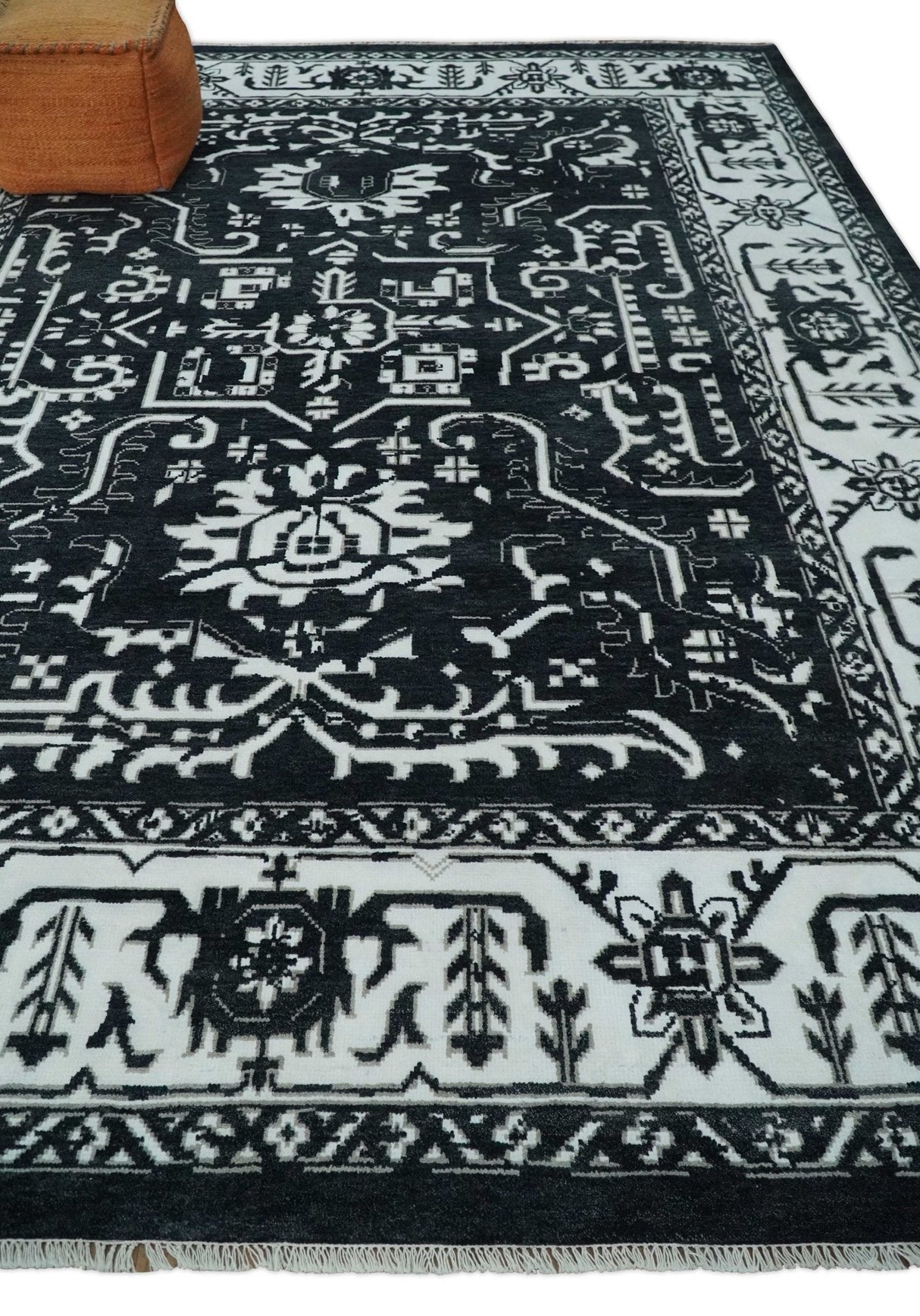 Black and White 6x9, 8x10 and 9x12 Hand Knotted Traditional Persian Oushak Wool and Viscose Rug, Accent Rug | TRDCP840-Area Rug-Parc Decor
