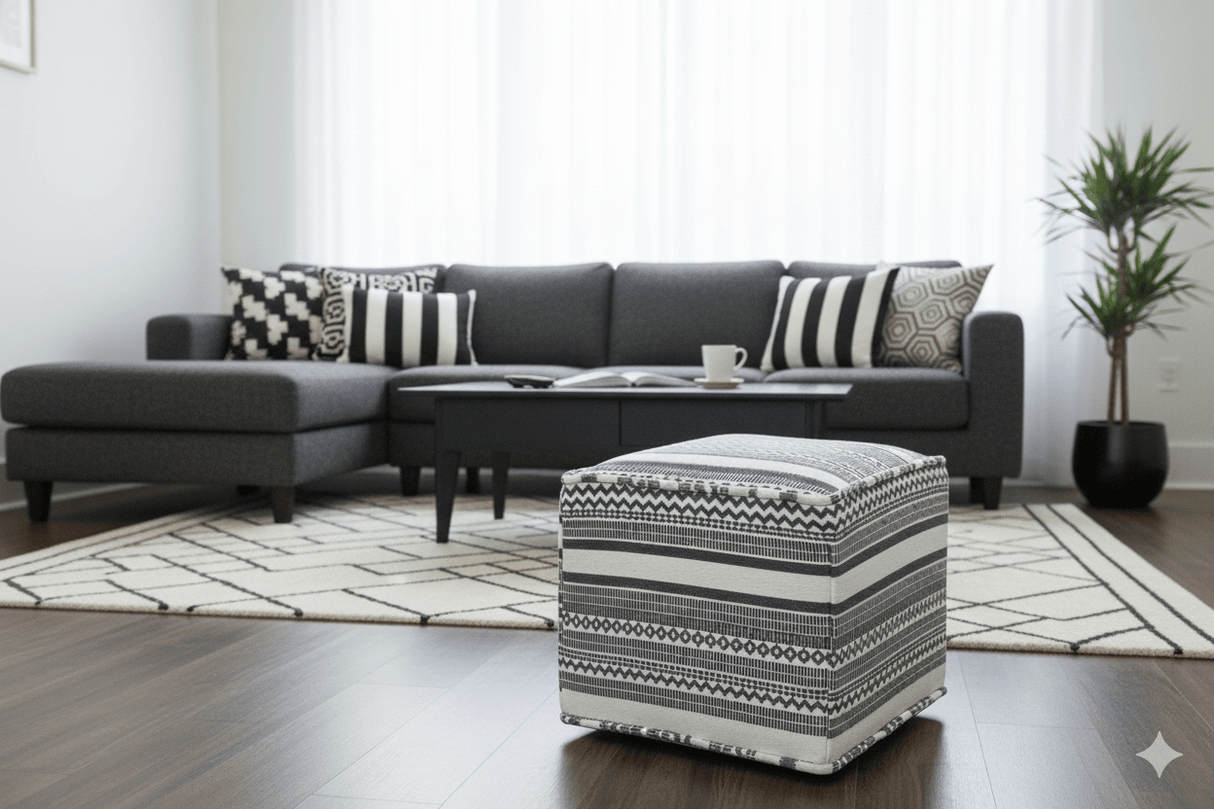 Black and White Handmade Block Printed cotton Pouf
