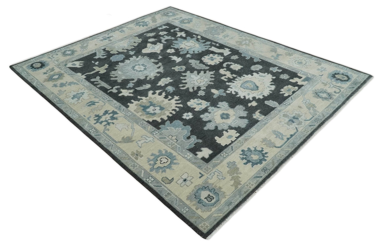 Black, Beige and Silver Hand Knotted Traditional Oushak Wool Area Rug