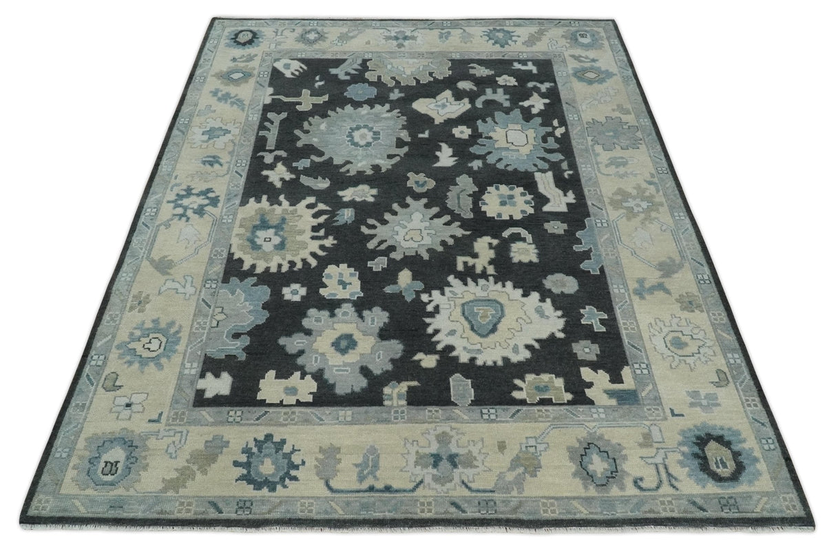 Black, Beige and Silver Hand Knotted Traditional Oushak Wool Area Rug