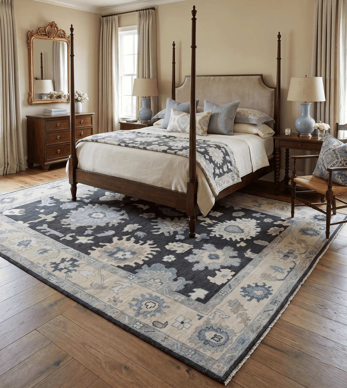 Black, Beige and Silver Hand Knotted Traditional Oushak Wool Area Rug