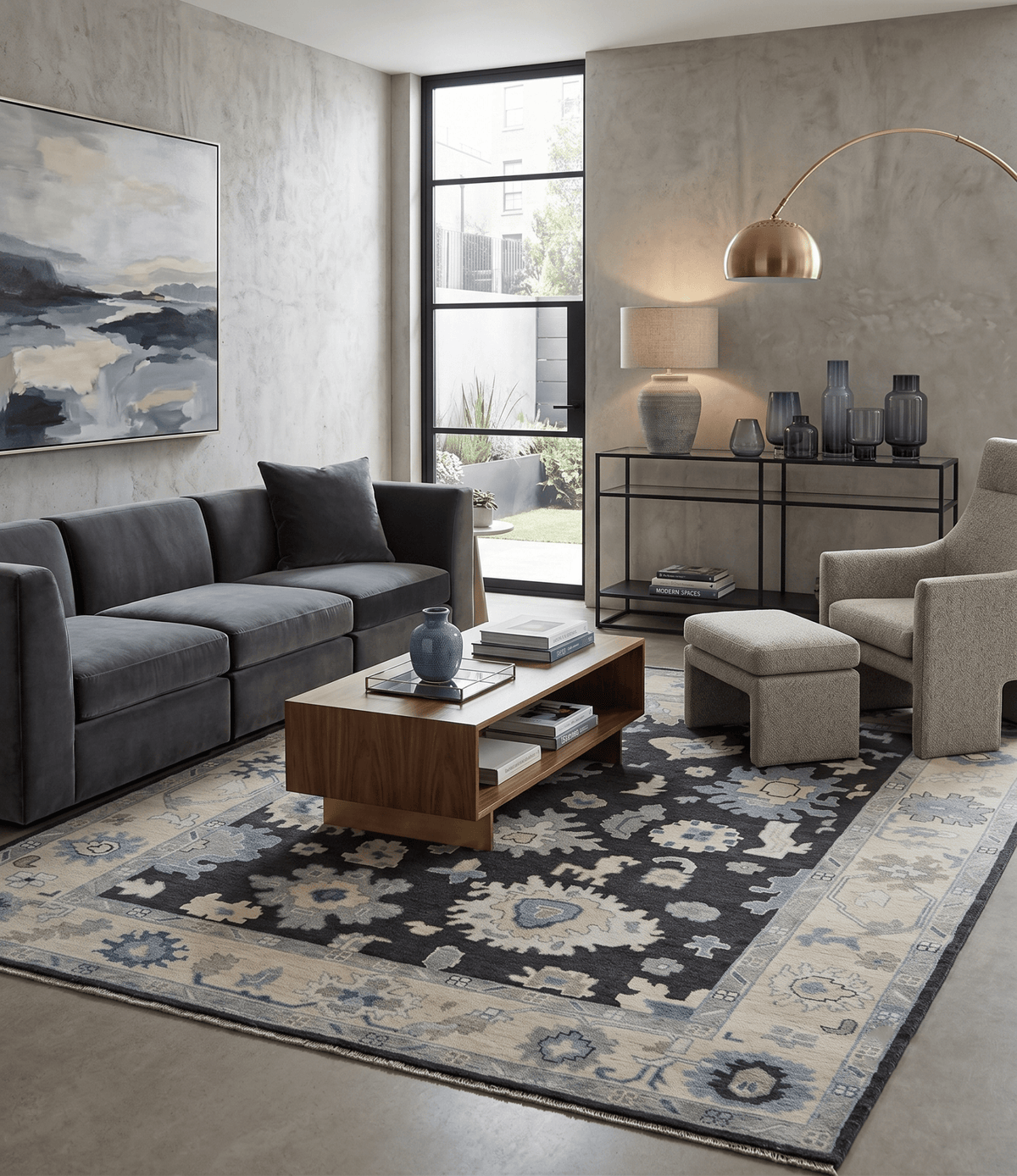 Black, Beige and Silver Hand Knotted Traditional Oushak Wool Area Rug