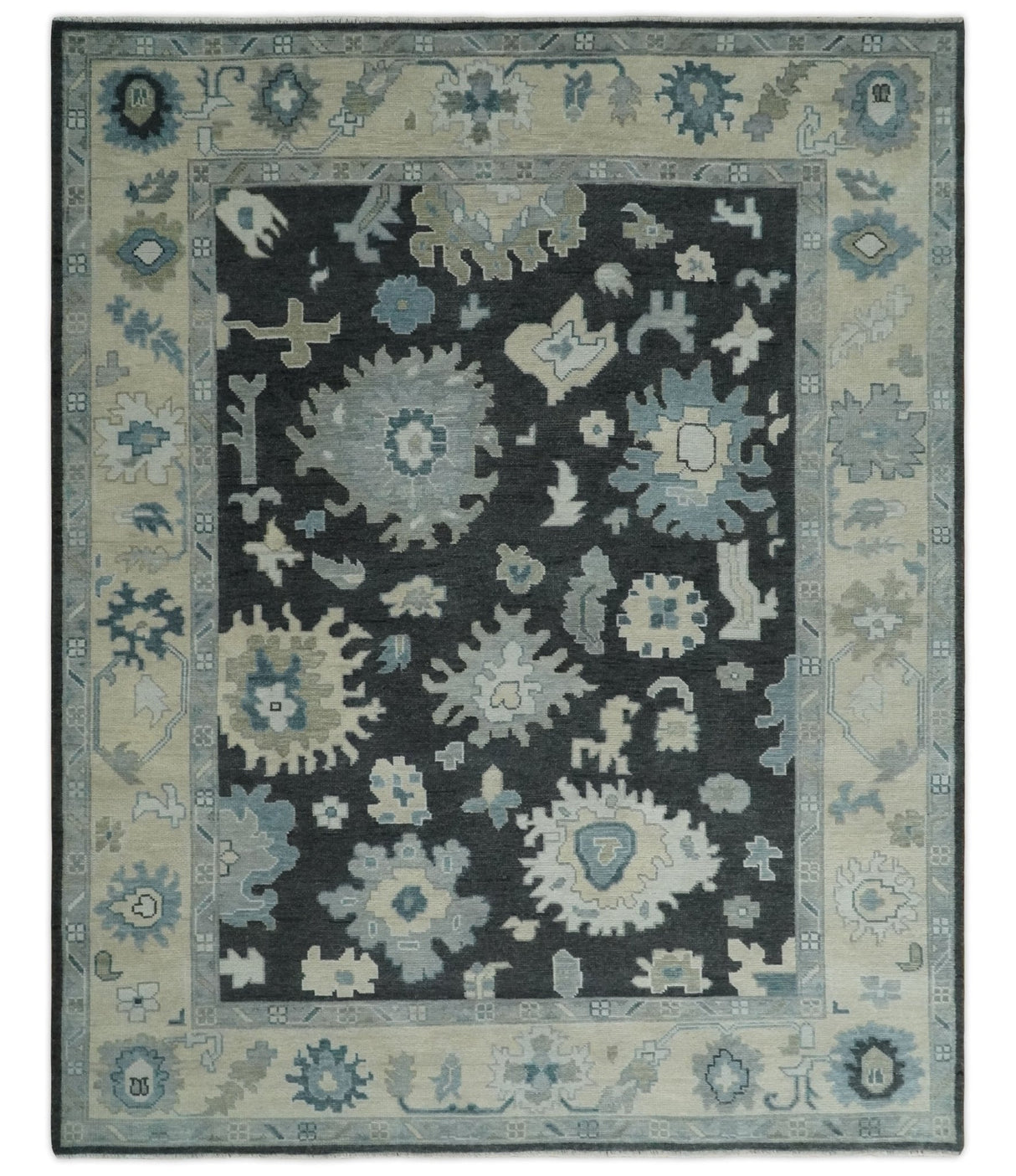 Black, Beige and Silver Hand Knotted Traditional Oushak Wool Area Rug