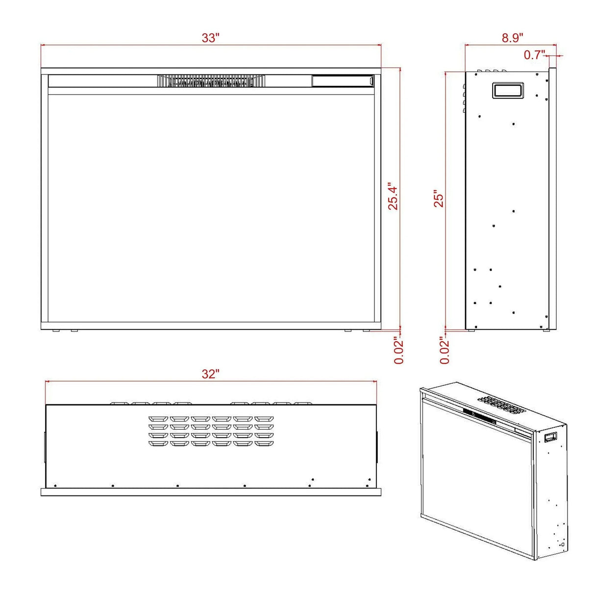 Black Electric Fireplace Heater Insert with Overheating Protection and Remote Control