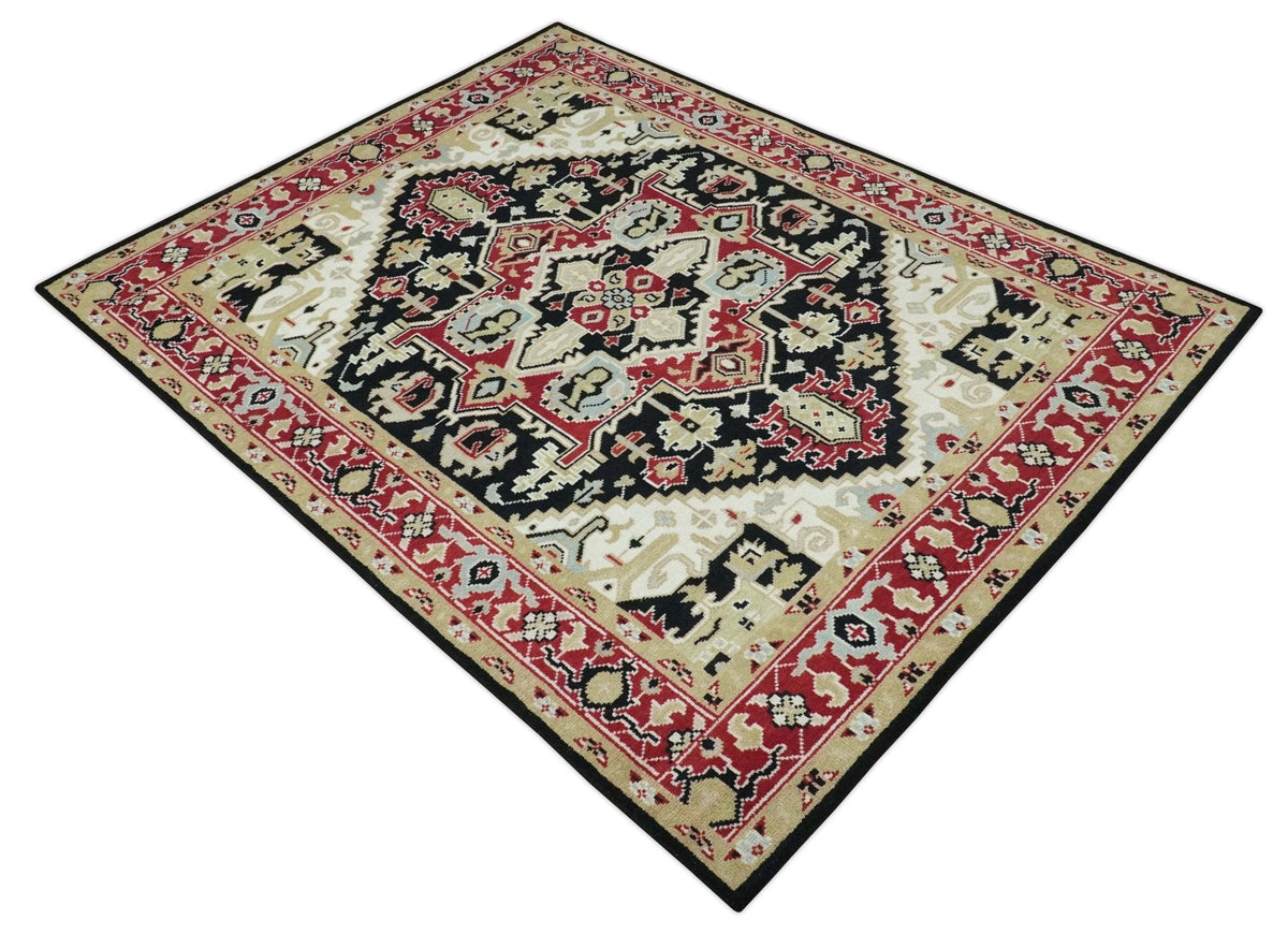 Black, Ivory, Olive and Brown Hand knotted Traditional Heriz Medallion Multi Size Wool Area Rug