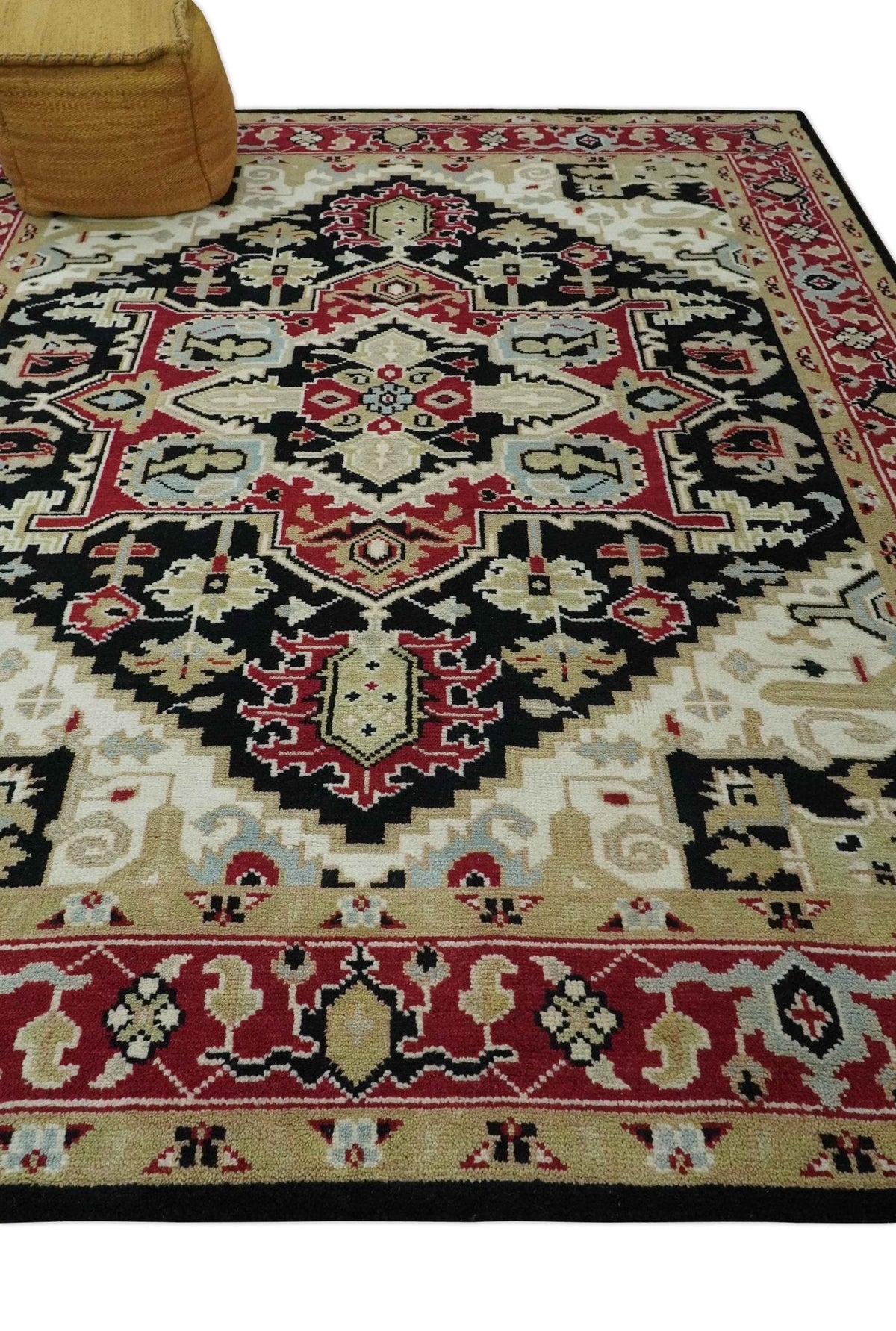 Black, Ivory, Olive and Brown Hand knotted Traditional Heriz Medallion Multi Size Wool Area Rug