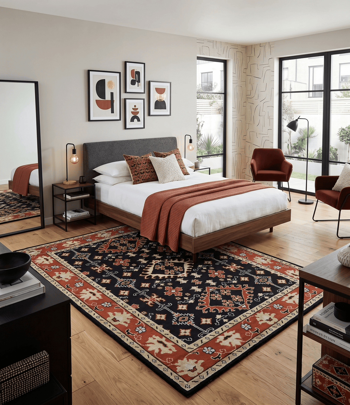 Black, Rust and Beige Traditional Oriental Hand Knotted Custom Made Wool Area Rug