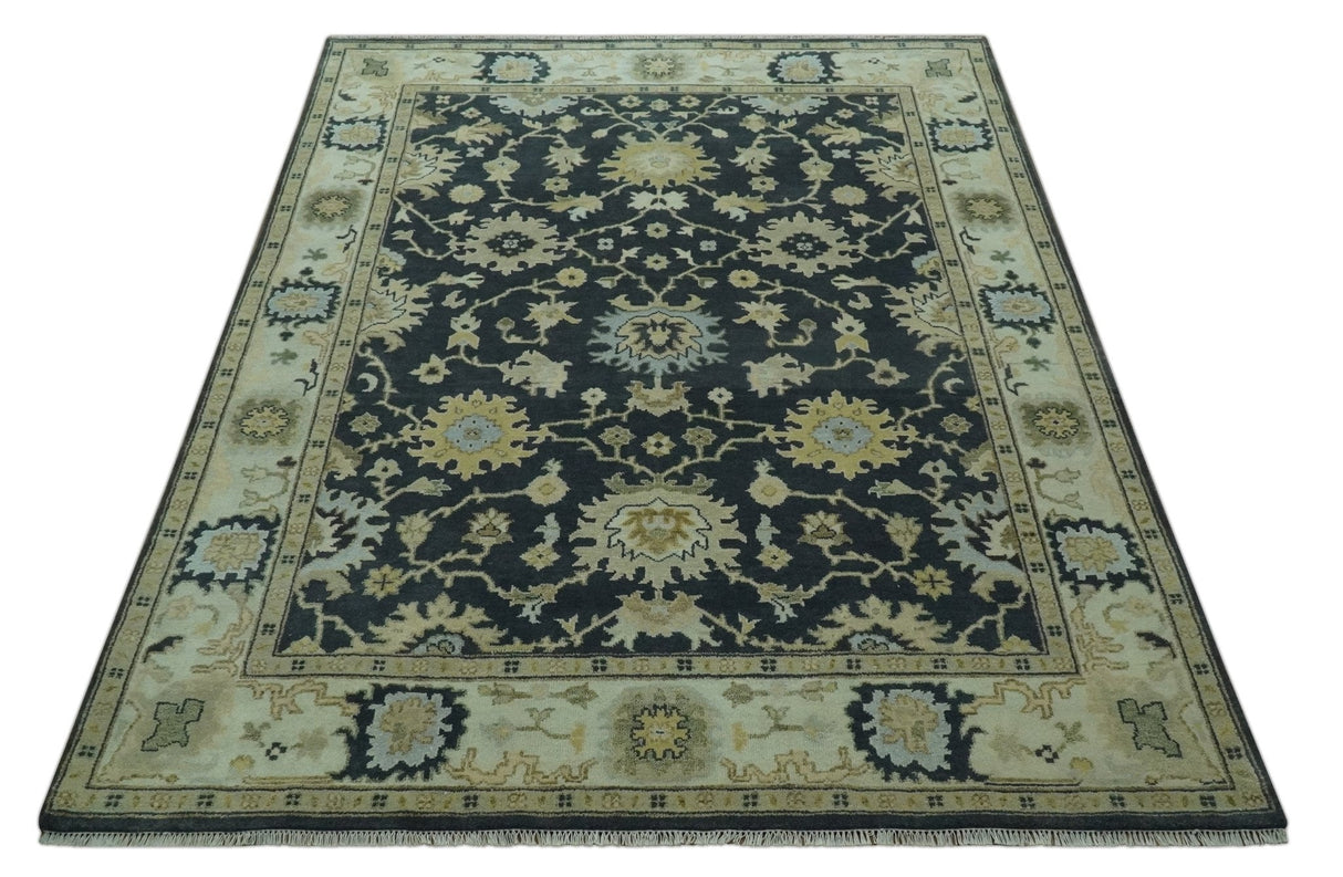 Black, Silver and Olive Oushak Hand Knotted Custom Made Wool Rug
