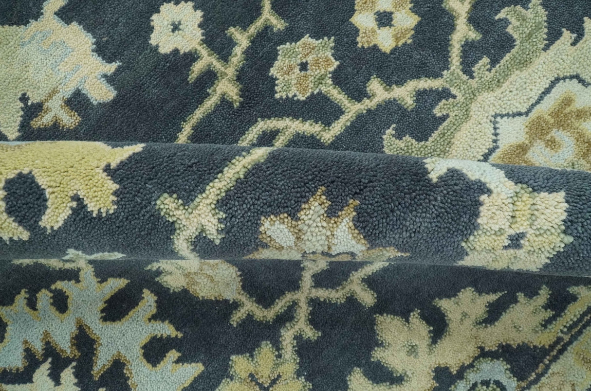 Black, Silver and Olive Oushak Hand Knotted Custom Made Wool Rug