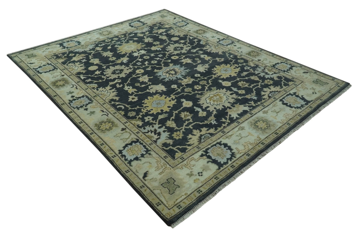 Black, Silver and Olive Oushak Hand Knotted Custom Made Wool Rug