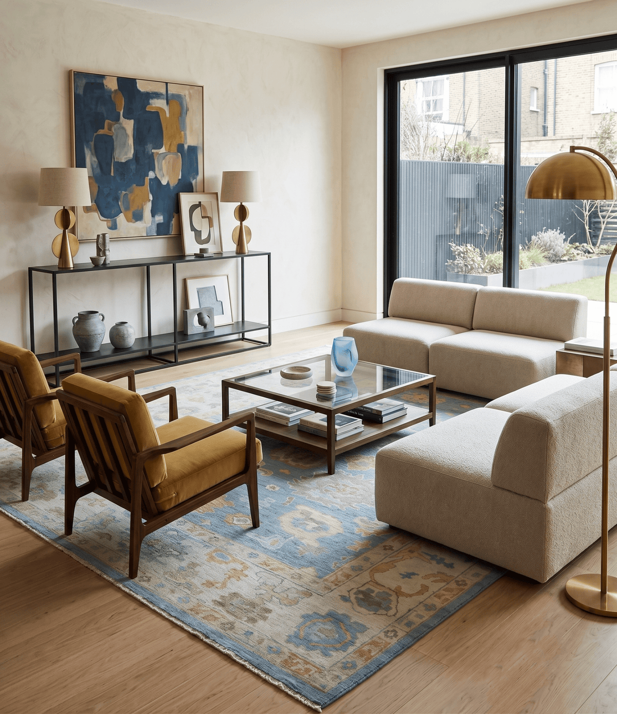 Blue and Beige Hand Knotted Traditional Oushak Design wool Rug