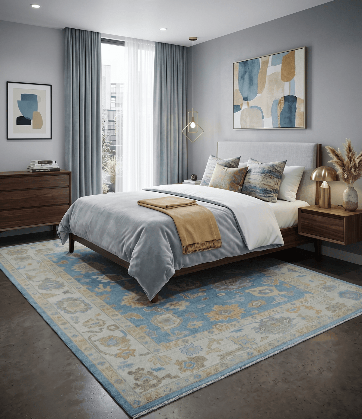 Blue and Beige Hand Knotted Traditional Oushak Design wool Rug