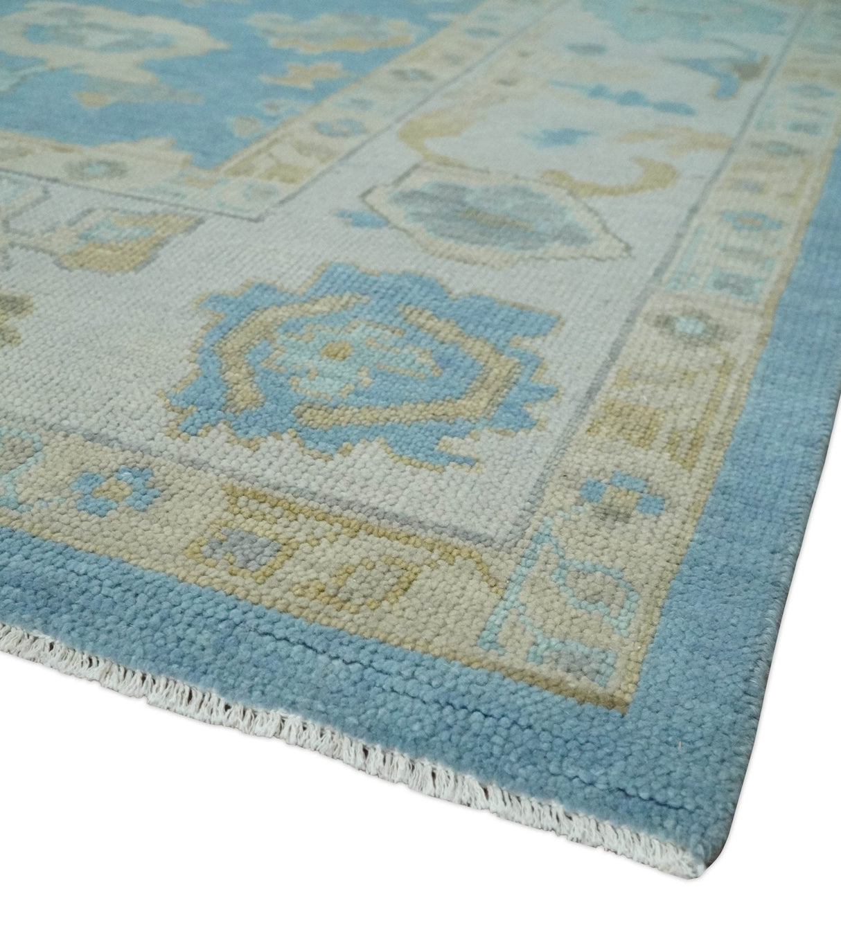 Blue and Beige Hand Knotted Traditional Oushak Design wool Rug