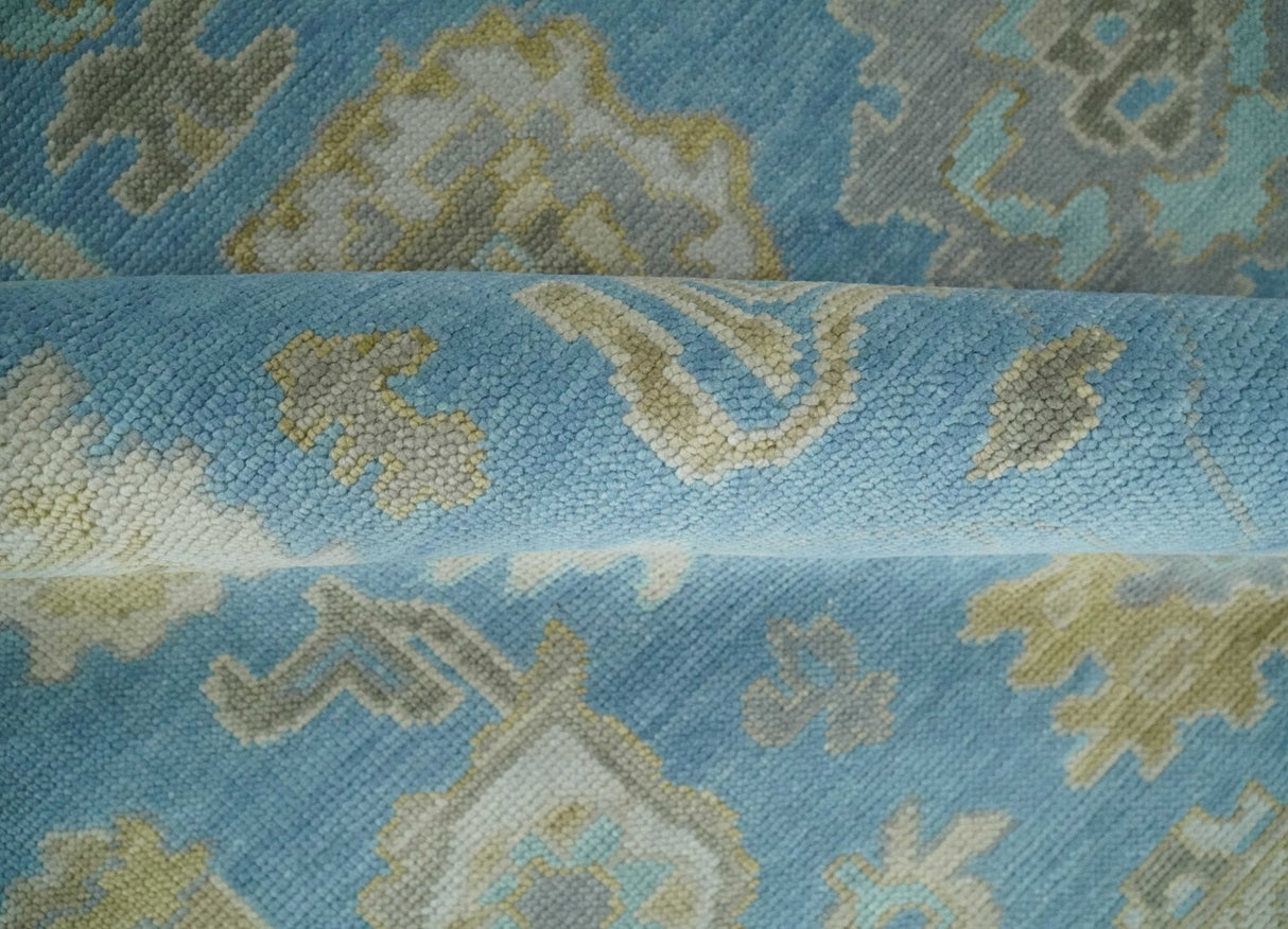 Blue and Beige Hand Knotted Traditional Oushak Design wool Rug