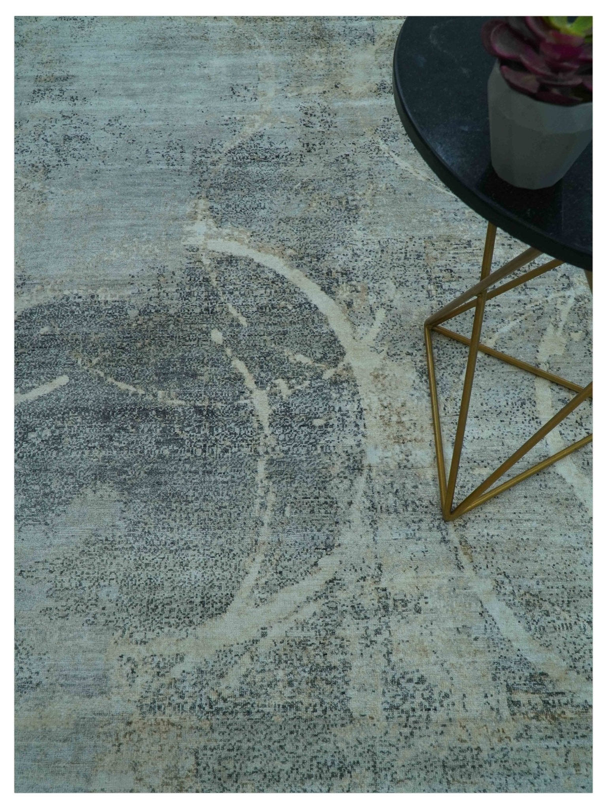 Blue And Beige Modern Abstract Design Hand Knotted 8x10 Bamboo Silk Area Rug