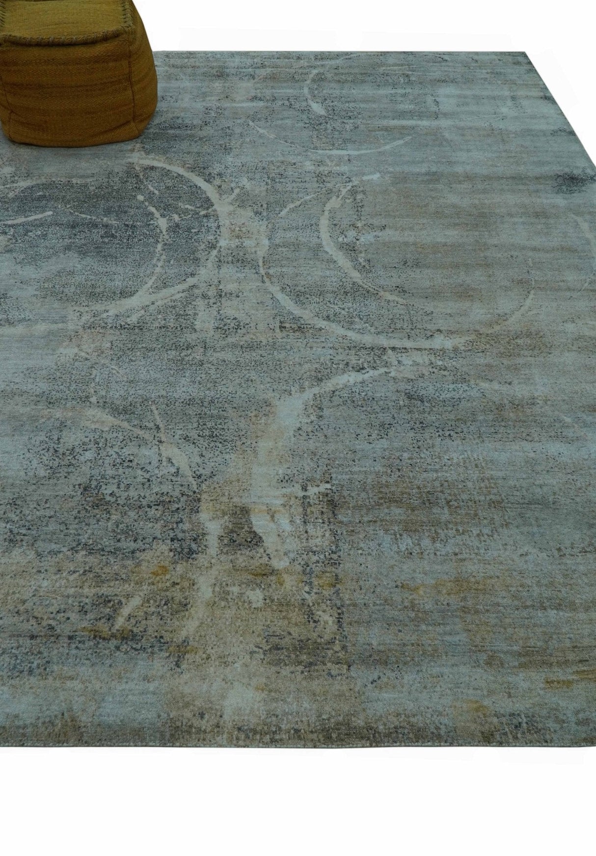 Blue And Beige Modern Abstract Design Hand Knotted 8x10 Bamboo Silk Area Rug