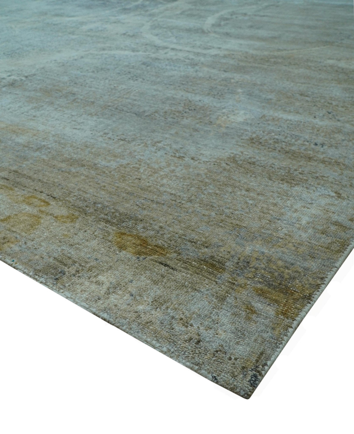 Blue And Beige Modern Abstract Design Hand Knotted 8x10 Bamboo Silk Area Rug