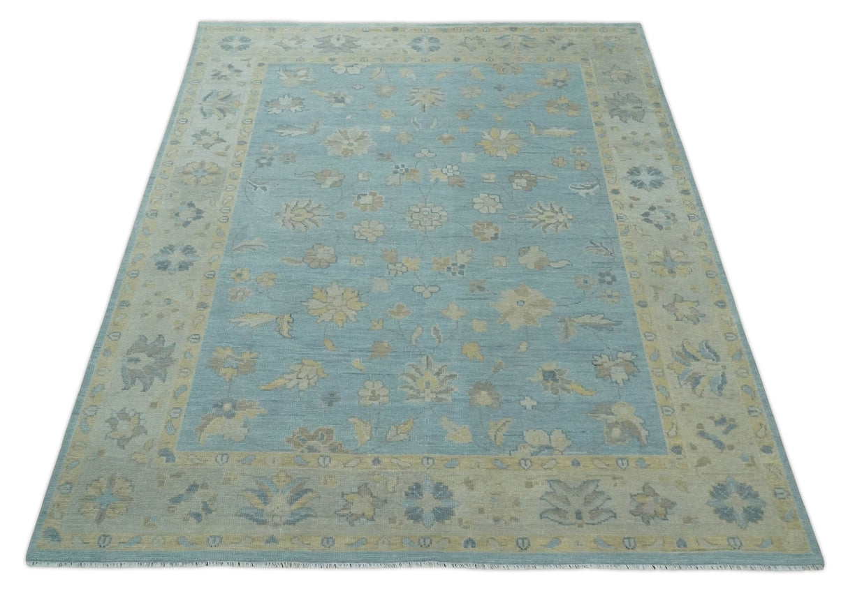 Blue and Beige Traditional Floral Hand Knotted Wool Rug