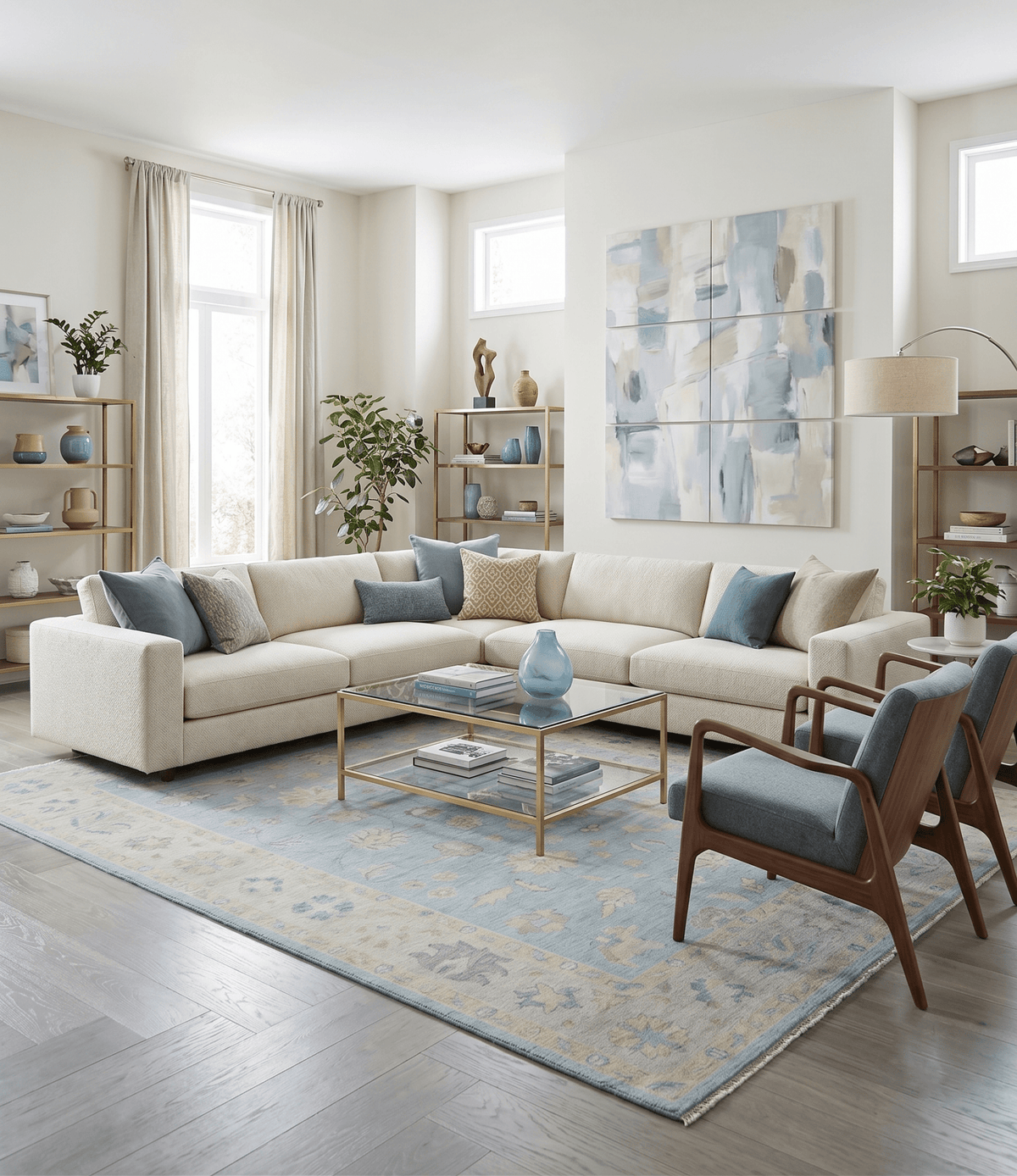 Blue and Beige Traditional Floral Hand Knotted Wool Rug