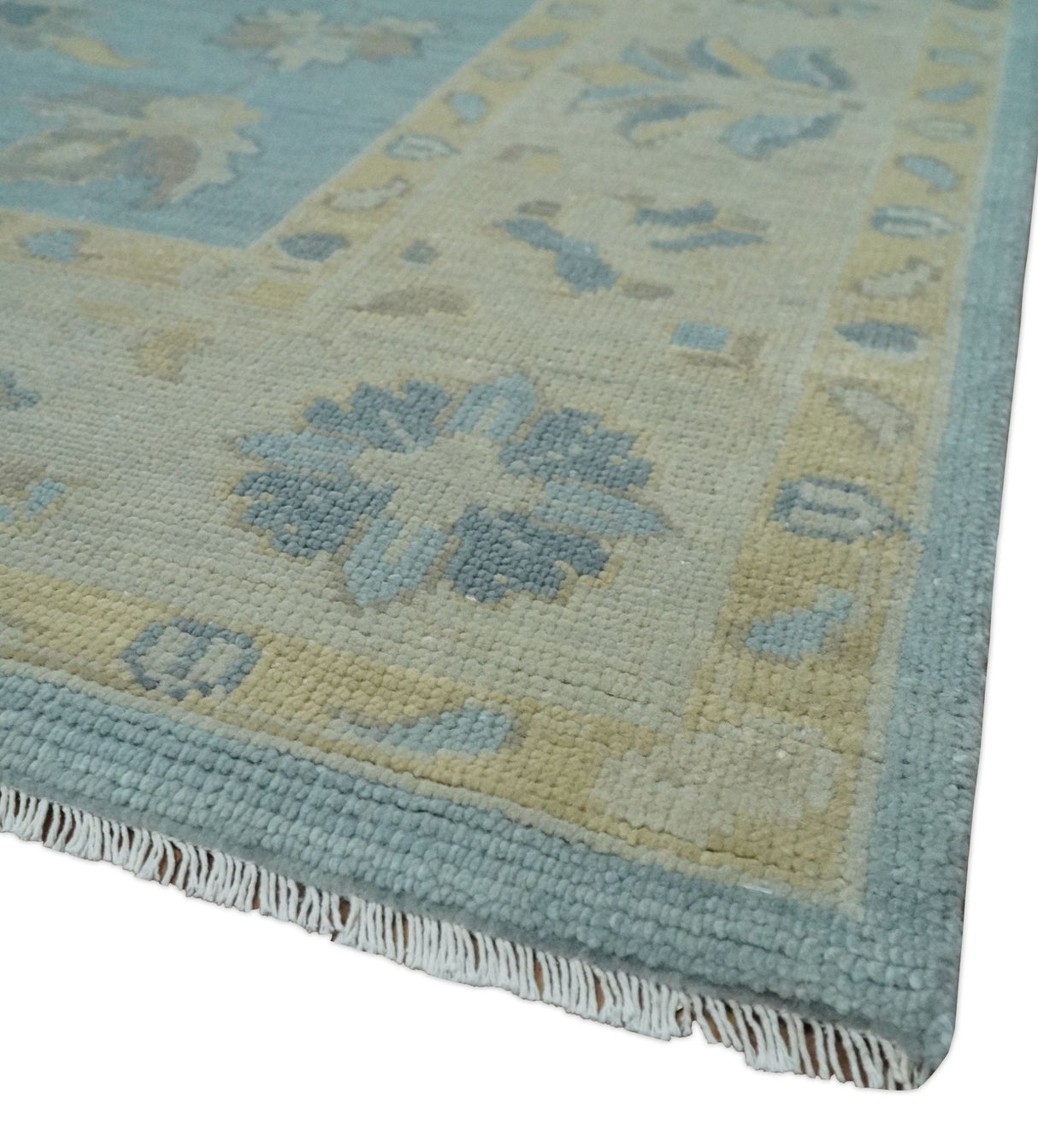 Blue and Beige Traditional Floral Hand Knotted Wool Rug