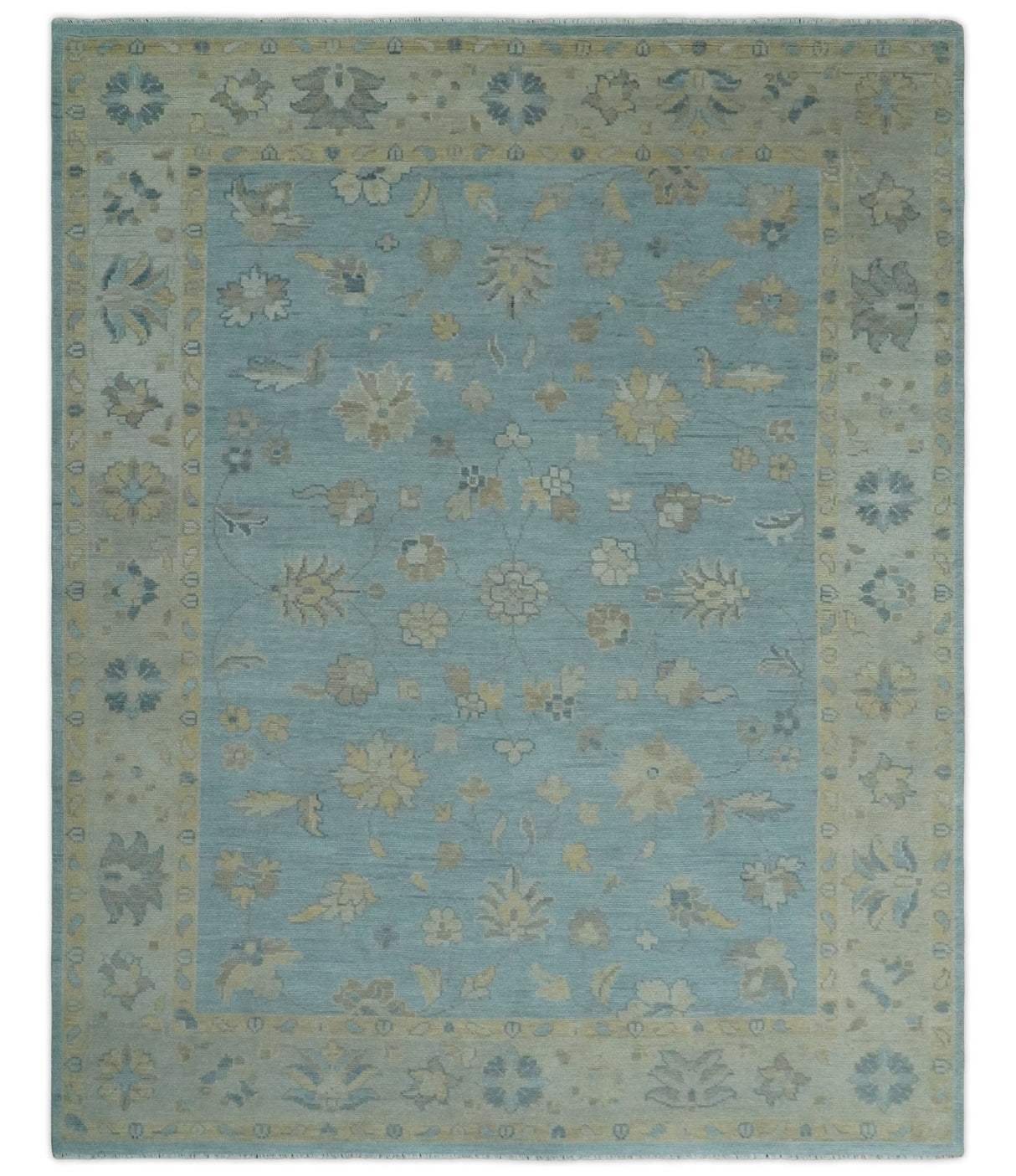 Blue and Beige Traditional Floral Hand Knotted Wool Rug