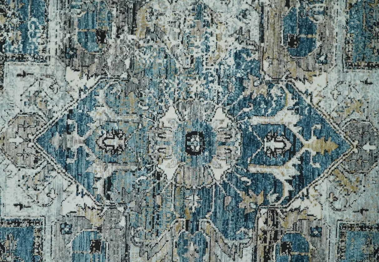 Blue And Beige Traditional Heriz Art Silk Area Rug