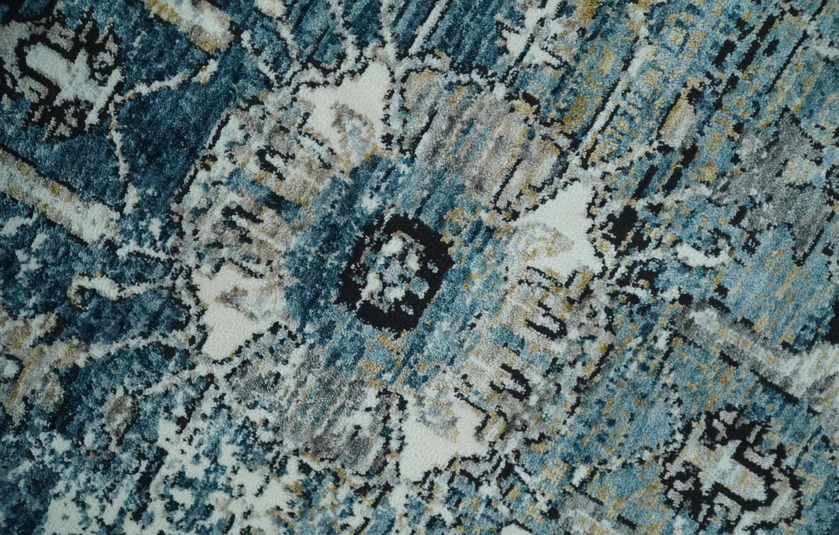 Blue And Beige Traditional Heriz Art Silk Area Rug