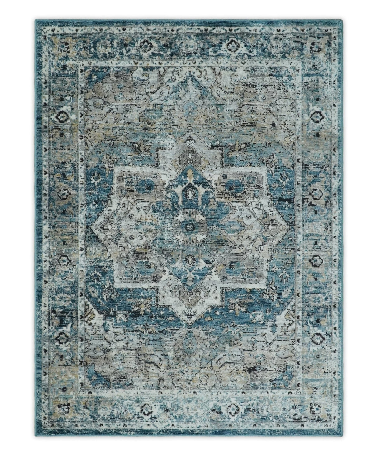 Blue And Beige Traditional Heriz Art Silk Area Rug