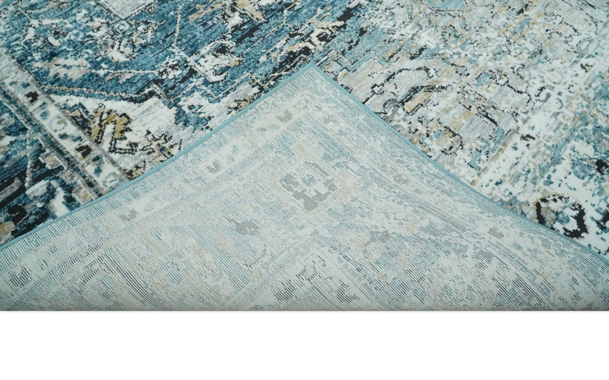 Blue And Beige Traditional Heriz Art Silk Area Rug