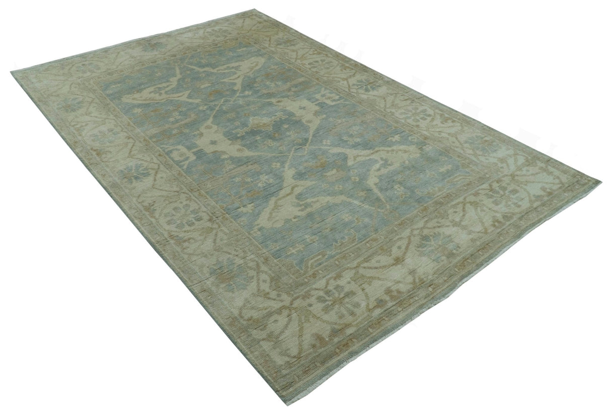 Blue And Beige Traditional Oushak Design Hand Knotted 6x9 wool area rug