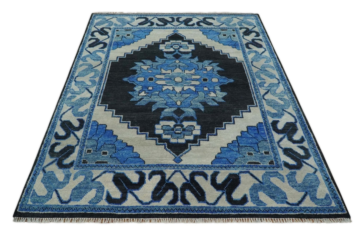 Blue and Black Hand Knotted Traditional Heriz Multi Size Wool Area Rug